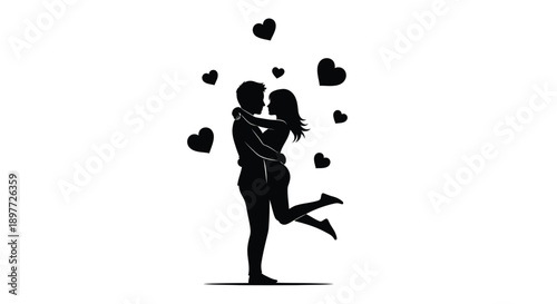 Couple embracing amidst floating hearts a romantic black silhouette