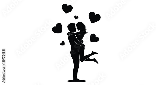 Couple embracing amidst floating hearts a romantic black silhouette