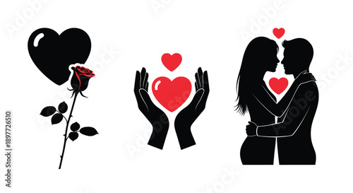 Romantic love symbols with hearts rose and embracing couple silhouette