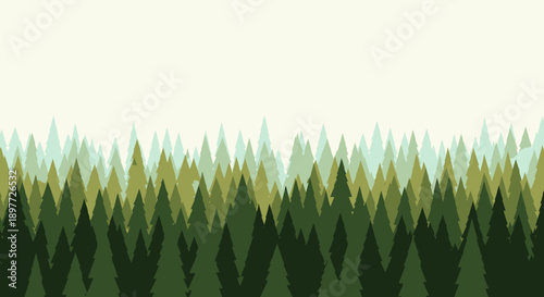 A stylized illustration of a forest with layered green trees against a light background.