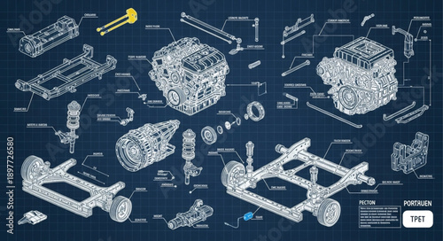 Exploded View Blueprint of a Car Engine and Chassis Components.