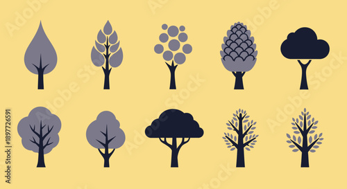 Collection of various tree silhouettes in different shapes and sizes.