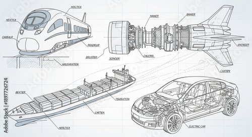 Detailed Technical Drawings of Transportation Vehicles.
