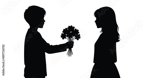 A young man offering flowers to a woman a romantic silhouette