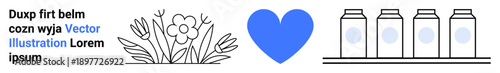 Eco-friendly , health, nature appreciation, dairy industry, minimal design, love for sustainability. Floral outline, blue heart milk bottles. Eco-friendly themes and health-focused concept