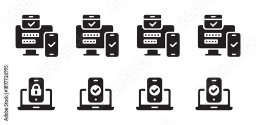 Two factor authentication icons showing desktop computer mobile phone sync security symbols