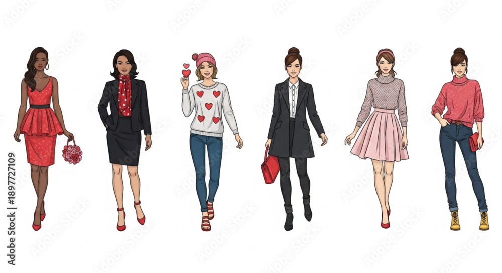 Fototapeta premium Stylish Women Valentine Outfit Illustration Set, Fashion Characters in Romantic Looks
