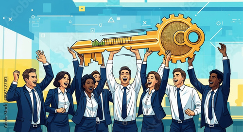 Diverse business team celebrating holding giant golden key success.