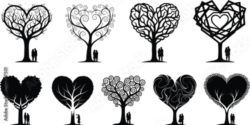 Diverse heart shaped trees with couples in silhouette symbolizing love and relationships in artistic styles