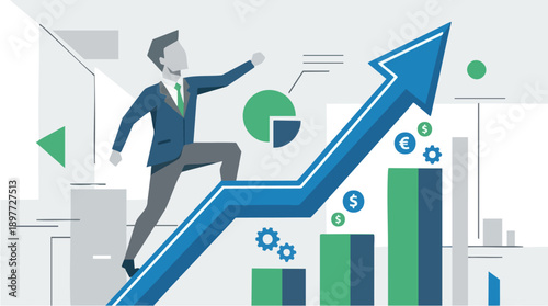 Businessman climbing growth graph upward trend.