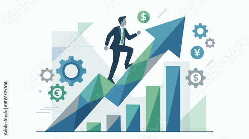 Businessman climbing growth graph upward.