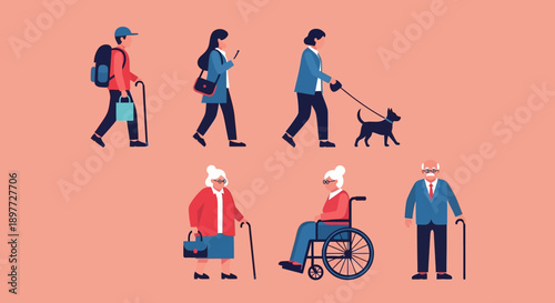 Elderly people walking with assistance and mobility aids.