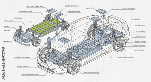 Electric Car Battery Pack and Powertrain Diagram.