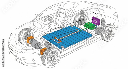 Electric Car Battery System Diagram Detailed View.