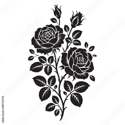 Elegant Black Rose Silhouette Vector with Leaves and Rosebud