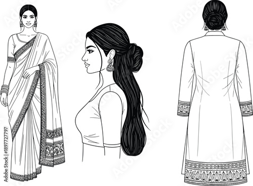 Indian woman traditional attire line art, saree fashion illustration, female hairstyle profile, ethnic clothing design, kurti back view outline drawing