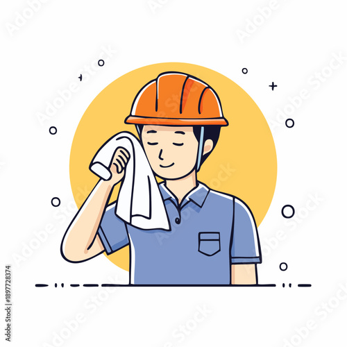 タオルで汗を拭く作業員のフラットイラスト 熱中症対策の人物素材