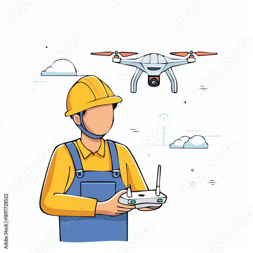 ドローンを操作する建設作業員のフラットイラスト 測量のイメージ
