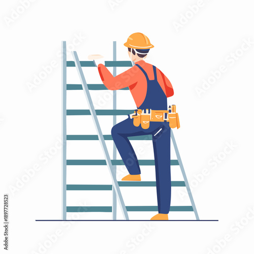 足場を登る建設作業員のフラットイラスト 高所作業の人物素材