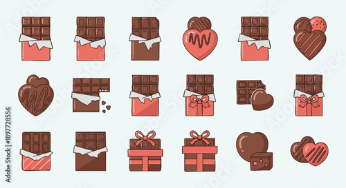 Chocolate Icons Set. Collection of 15 Cute Flat Illustrations of Cocoa Bars, Heart Candies, Gift Boxes, and Sweets. Dessert Vector Art.