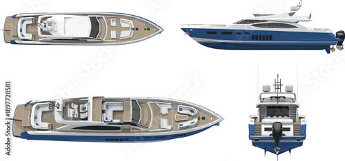 Luxury motor yacht blueprint with interior layout, side top and rear views, detailed nautical vessel vector technical illustration