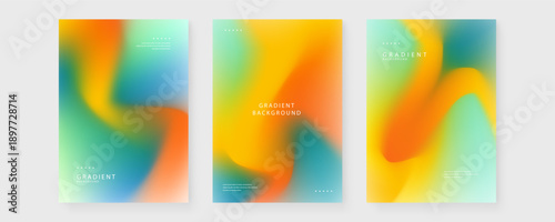 Collection of three modern warm abstract gradient posters featuring orange yellow and green mesh backgrounds
