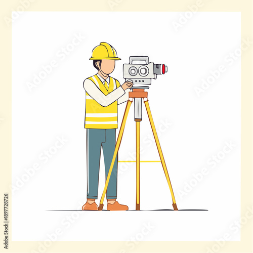 測量機を操作する測量士のベクターイラスト 建設測量イメージ