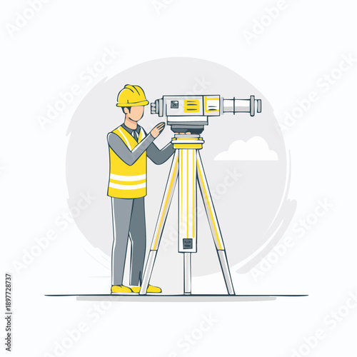 測量機を操作する測量士のベクターイラスト 建設測量イメージ