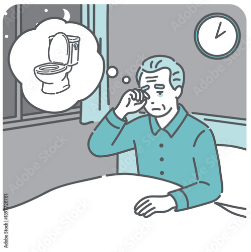 夜間頻尿で夜中にトイレに起きる高齢男性のイラスト（頻尿・前立腺肥大・睡眠障害）