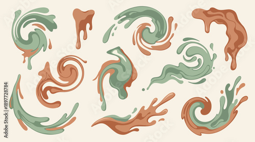 Set of abstract liquid swirls and paint splashes in green and brown.