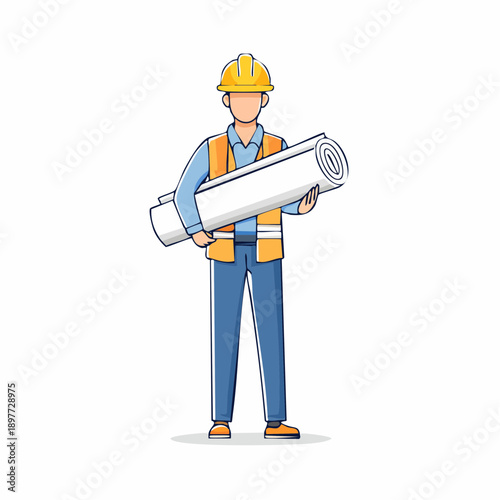 図面を持つ建設作業員のベクターイラスト 設計確認イメージ