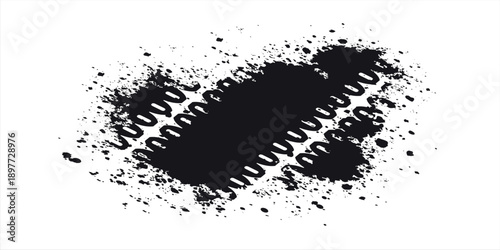 Abstract distressed grunge spring coil graphic element with scattered ink splatter and rough texture overlay