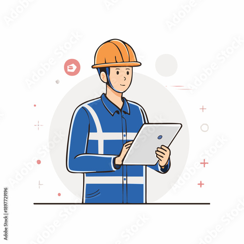 タブレットを持つ建設作業員のベクターイラスト 建設DXイメージ