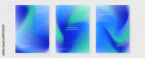 Set of three modern gradient poster layouts featuring refreshing blue and turquoise green fluid textures for branding