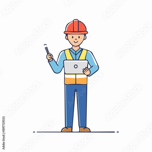 タブレットを持つ建設作業員のベクターイラスト 建設DXイメージ