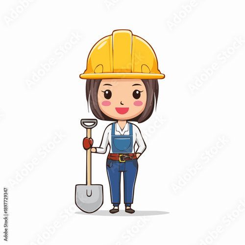 スコップを持つ建設作業員のベクターイラスト 全身