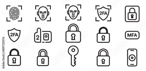 Two factor authentication and biometric identity verification icons for digital security