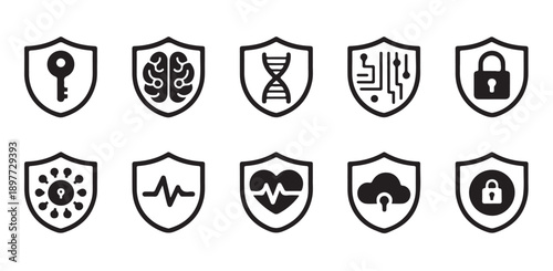 Biometric protection and digital encryption icons on shields for cyber security awareness