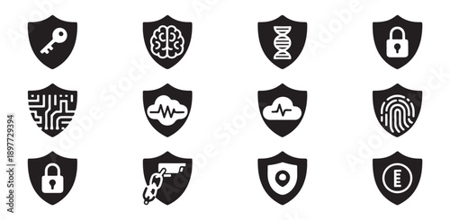 Advanced biometric security shields collection with dna fingerprint and brain scan symbols