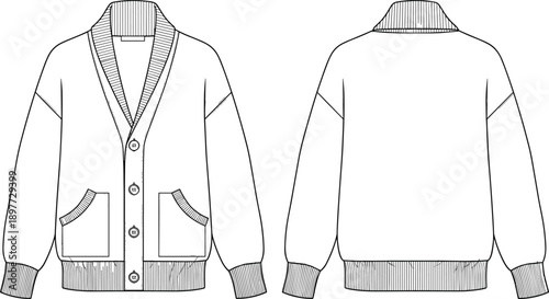 Black and white cardigan sweater technical flat front back view knit button jacket outline vector template fashion apparel