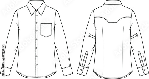 Black and white long sleeve button up shirt technical flat front back view collared apparel outline vector template