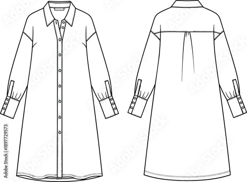 Black and white long sleeve shirt dress technical flat front back view button up tunic outline vector apparel template