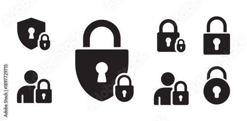Security and privacy icon set with shield, padlock, and user symbols, access protection concept