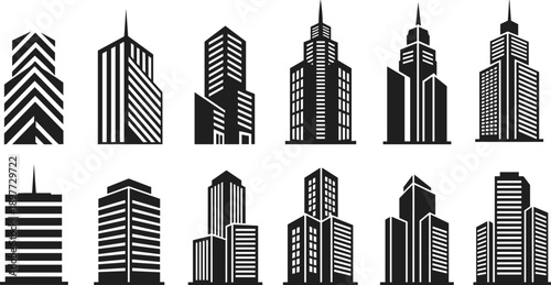 Modern skyscraper building silhouettes collection urban city skyline architecture office towers business district real estate black vector icon set