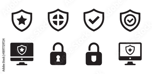 Computer security and data protection icon set with shields, padlocks, and monitors