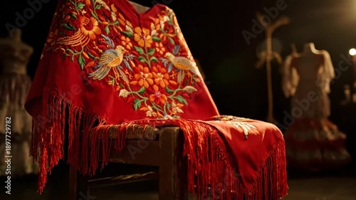 Ornate Embroidered Red Shawl with Fringes on a Wooden Chair in a Dark Room with Dresses