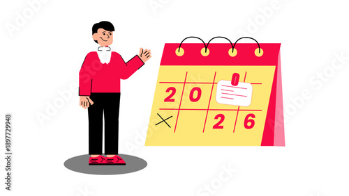 Professional character standing next to a large 2026 calendar for scheduling