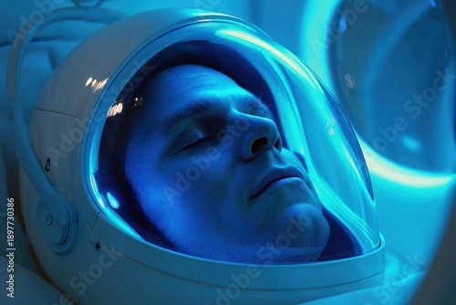 Astronaut with closed eyes wearing a space helmet in a dimly lit environment. Blue light softly illuminates the helmet, casting a serene and futuristic glow on the astronaut's face
