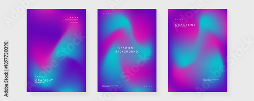 A collection of three professional poster templates featuring futuristic cyan and magenta mesh gradients for modern branding
