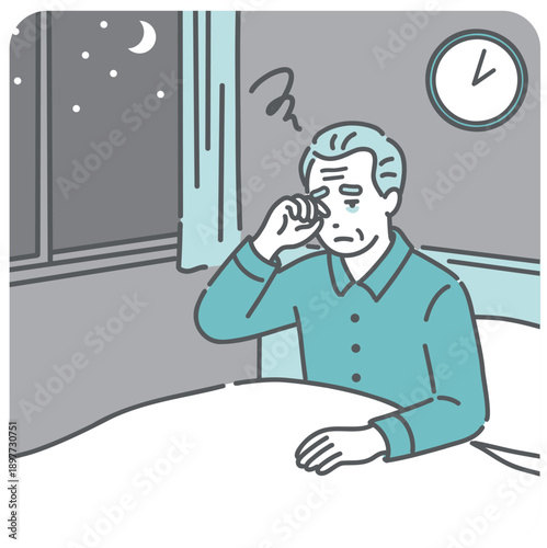 夜中に目が覚めて眠れない高齢男性のイラスト（不眠・中途覚醒・認知症）